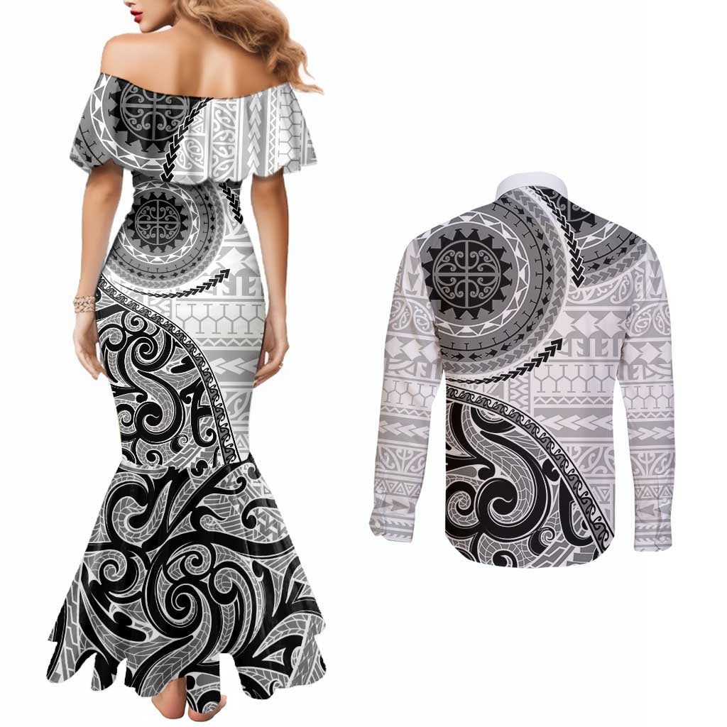 New Zealand White Maori Koru Simple Style Couples Matching Mermaid Dress and Long Sleeve Button Shirt LT05 - Polynesian Pride