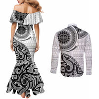 New Zealand White Maori Koru Simple Style Couples Matching Mermaid Dress and Long Sleeve Button Shirt LT05 - Polynesian Pride