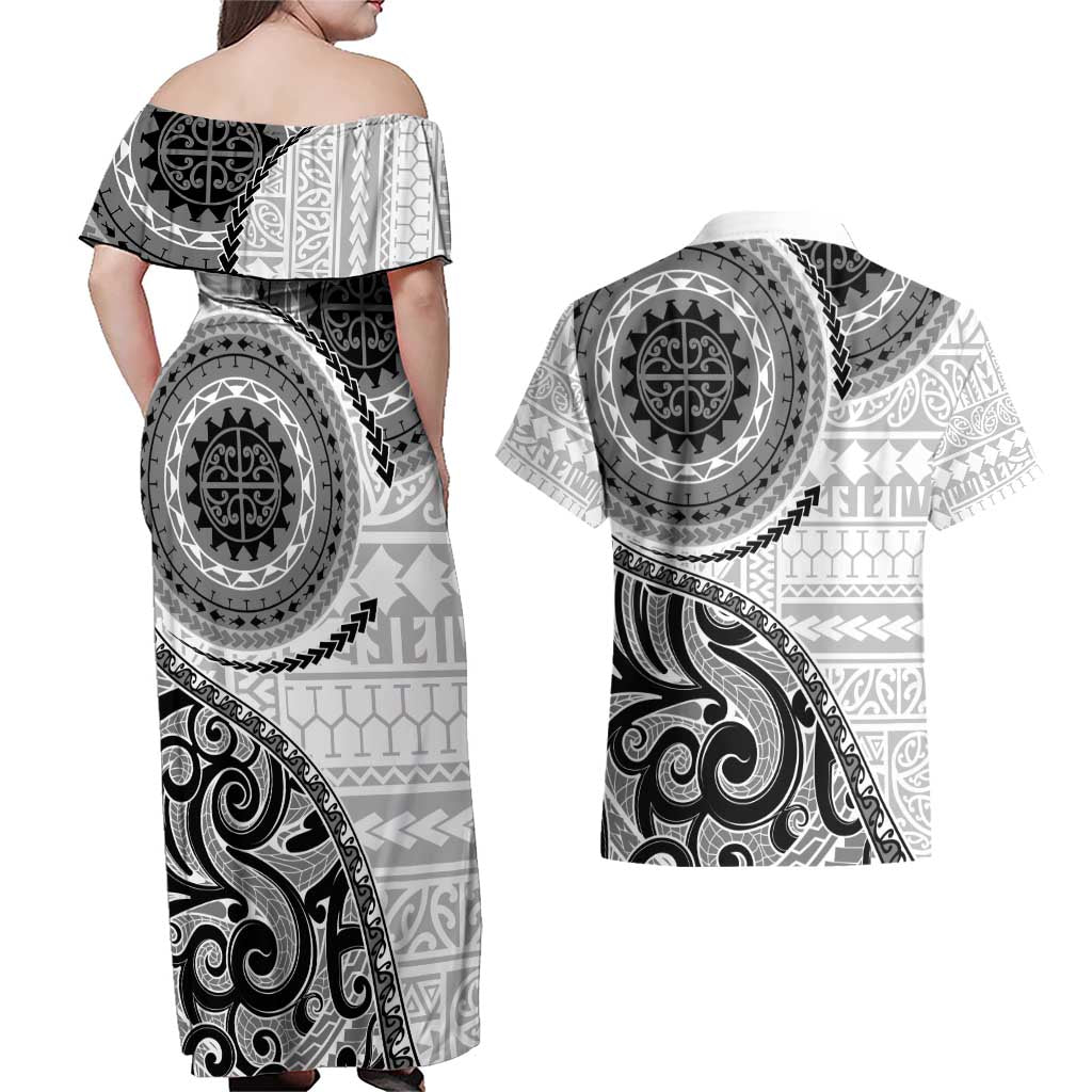 New Zealand White Maori Koru Simple Style Couples Matching Off Shoulder Maxi Dress and Hawaiian Shirt LT05 - Polynesian Pride