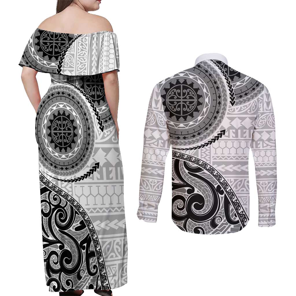 New Zealand White Maori Koru Simple Style Couples Matching Off Shoulder Maxi Dress and Long Sleeve Button Shirt LT05 - Polynesian Pride
