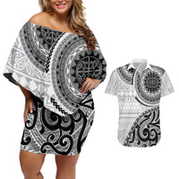 New Zealand White Maori Koru Simple Style Couples Matching Off Shoulder Short Dress and Hawaiian Shirt LT05 White - Polynesian Pride