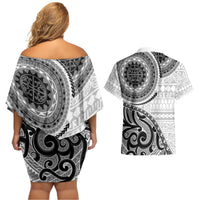 New Zealand White Maori Koru Simple Style Couples Matching Off Shoulder Short Dress and Hawaiian Shirt LT05 - Polynesian Pride