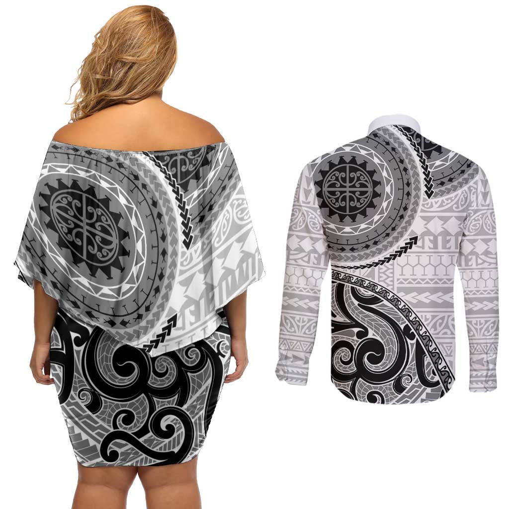 New Zealand White Maori Koru Simple Style Couples Matching Off Shoulder Short Dress and Long Sleeve Button Shirt LT05 - Polynesian Pride
