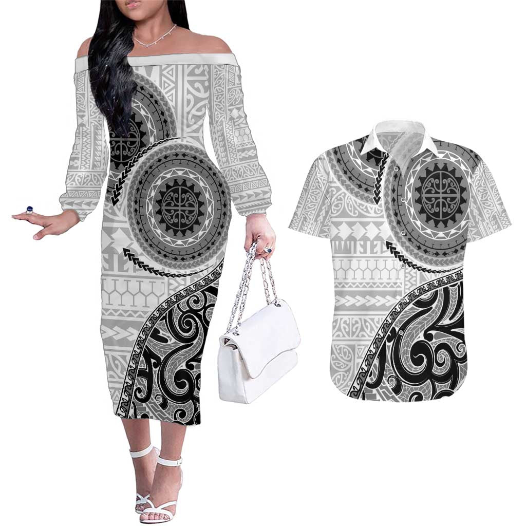 New Zealand White Maori Koru Simple Style Couples Matching Off The Shoulder Long Sleeve Dress and Hawaiian Shirt LT05 White - Polynesian Pride