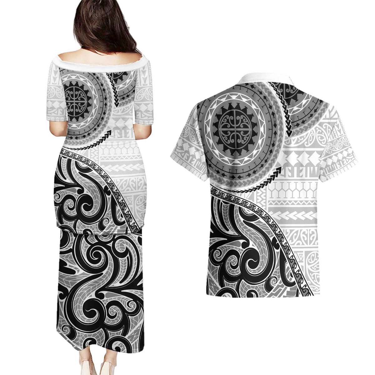 New Zealand White Maori Koru Simple Style Couples Matching Puletasi and Hawaiian Shirt LT05 - Polynesian Pride