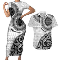 New Zealand White Maori Koru Simple Style Couples Matching Short Sleeve Bodycon Dress and Hawaiian Shirt LT05 White - Polynesian Pride