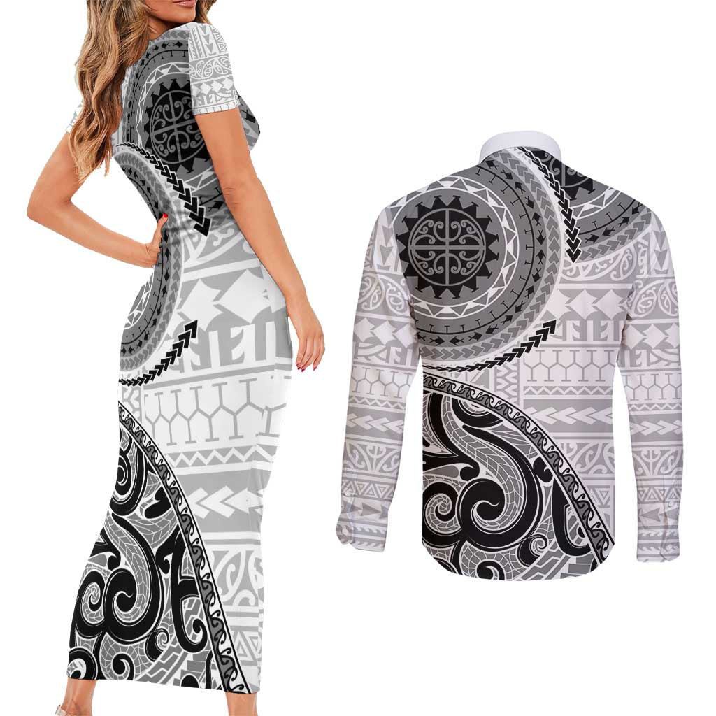 New Zealand White Maori Koru Simple Style Couples Matching Short Sleeve Bodycon Dress and Long Sleeve Button Shirt LT05 - Polynesian Pride