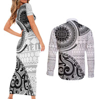 New Zealand White Maori Koru Simple Style Couples Matching Short Sleeve Bodycon Dress and Long Sleeve Button Shirt LT05 - Polynesian Pride