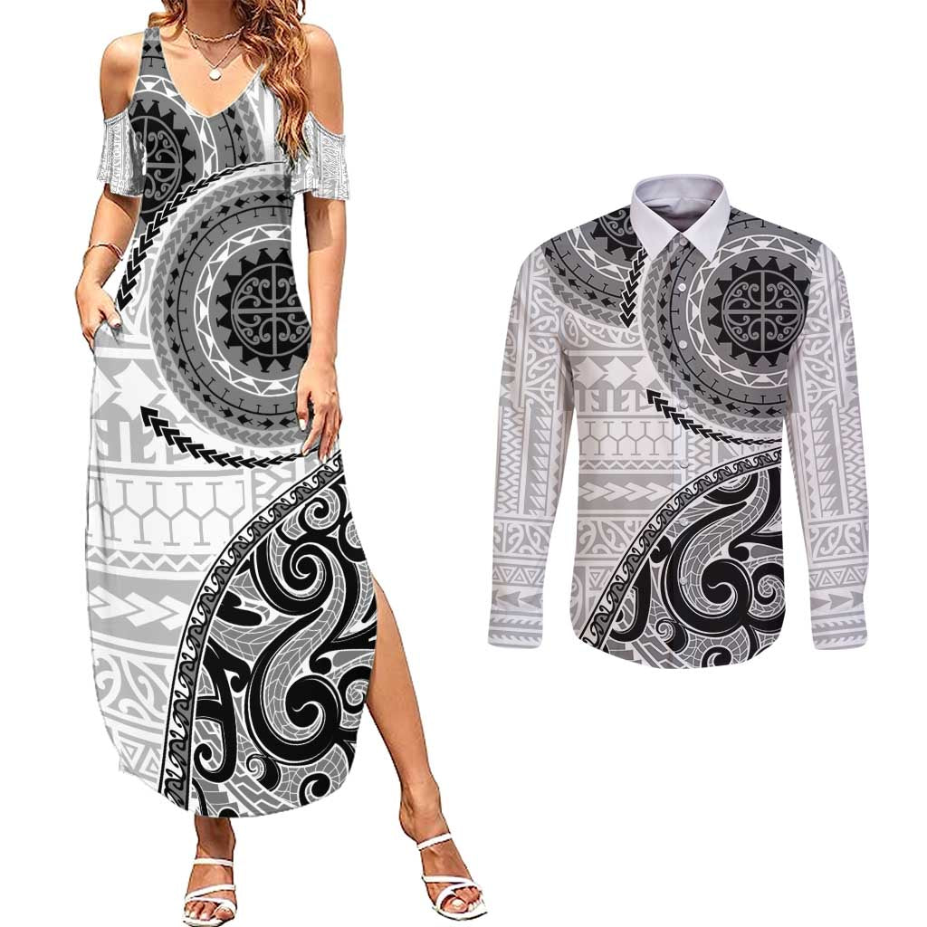 New Zealand White Maori Koru Simple Style Couples Matching Summer Maxi Dress and Long Sleeve Button Shirt LT05 White - Polynesian Pride