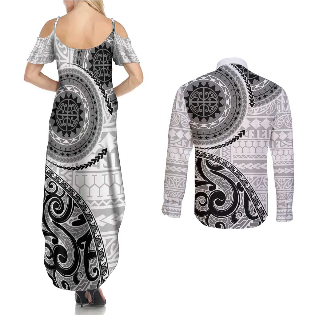 New Zealand White Maori Koru Simple Style Couples Matching Summer Maxi Dress and Long Sleeve Button Shirt LT05 - Polynesian Pride