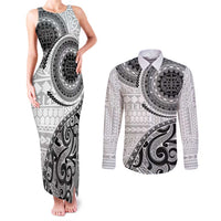 New Zealand White Maori Koru Simple Style Couples Matching Tank Maxi Dress and Long Sleeve Button Shirt LT05 White - Polynesian Pride