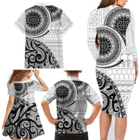 New Zealand White Maori Koru Simple Style Family Matching Long Sleeve Bodycon Dress and Hawaiian Shirt LT05 - Polynesian Pride
