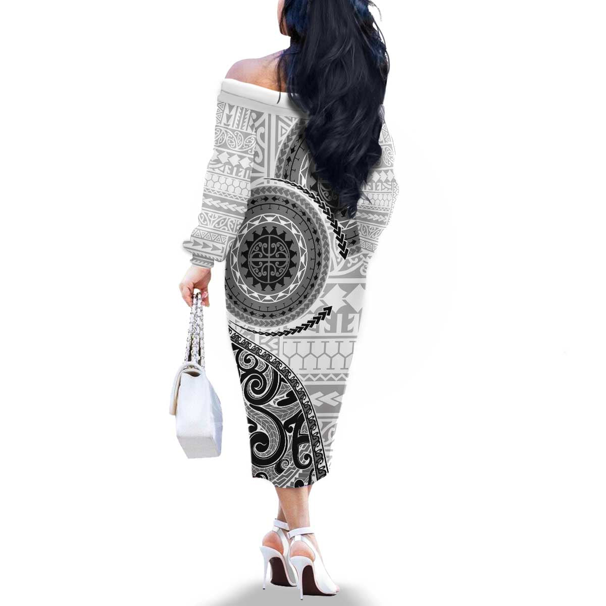 New Zealand White Maori Koru Simple Style Family Matching Off The Shoulder Long Sleeve Dress and Hawaiian Shirt LT05 - Polynesian Pride