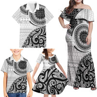 New Zealand White Maori Koru Simple Style Family Matching Off Shoulder Maxi Dress and Hawaiian Shirt LT05 - Polynesian Pride