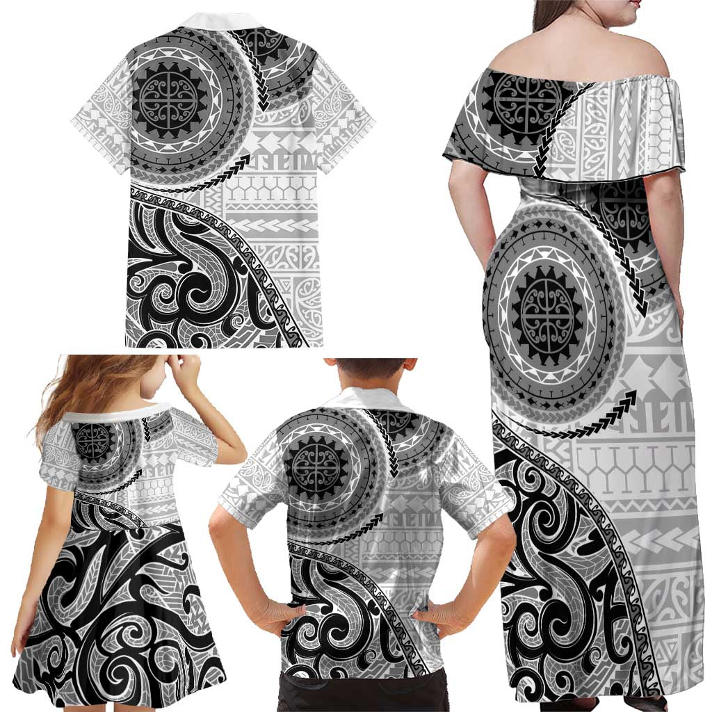 New Zealand White Maori Koru Simple Style Family Matching Off Shoulder Maxi Dress and Hawaiian Shirt LT05 - Polynesian Pride