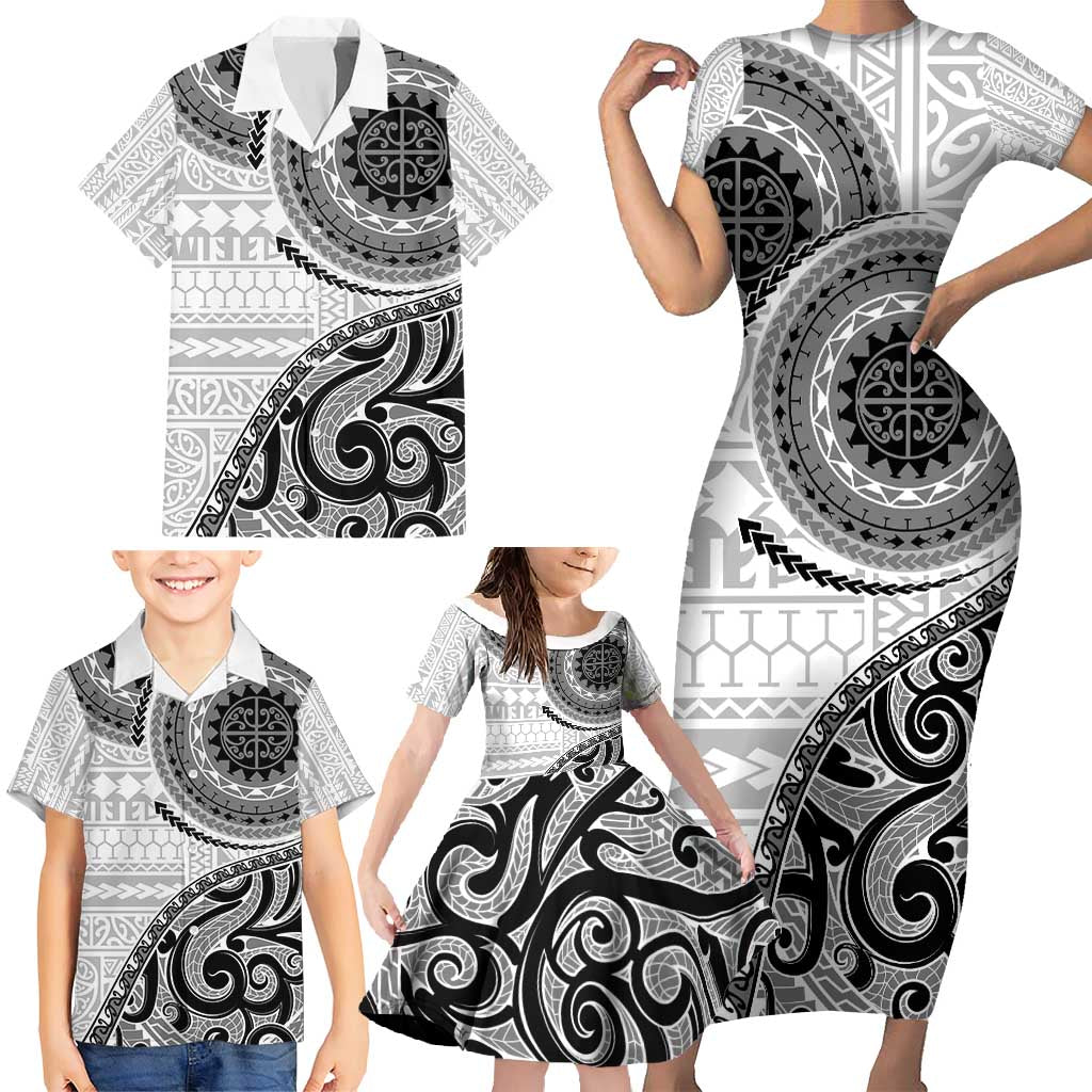 New Zealand White Maori Koru Simple Style Family Matching Short Sleeve Bodycon Dress and Hawaiian Shirt LT05 - Polynesian Pride