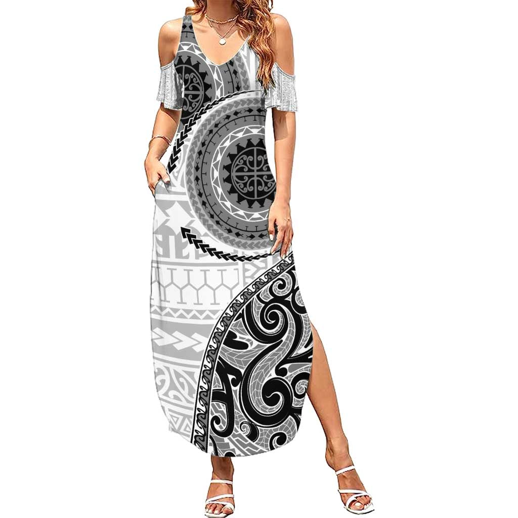 New Zealand White Maori Koru Simple Style Family Matching Summer Maxi Dress and Hawaiian Shirt LT05 Mom's Dress White - Polynesian Pride