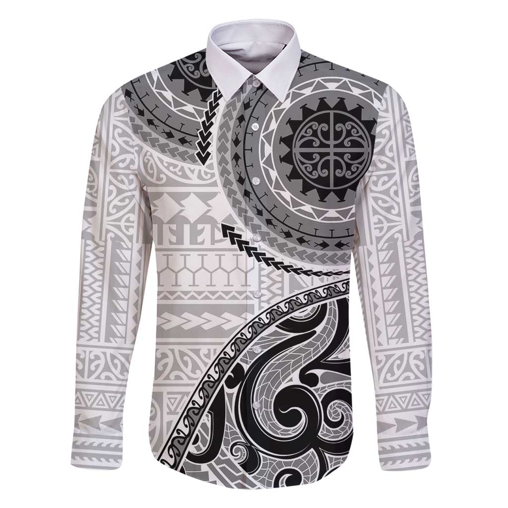 New Zealand White Maori Koru Simple Style Family Matching Tank Maxi Dress and Hawaiian Shirt LT05 Dad's Shirt - Long Sleeve White - Polynesian Pride
