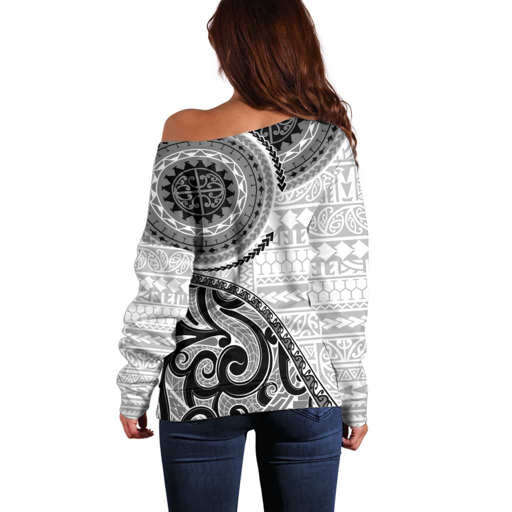 New Zealand White Maori Koru Simple Style Off Shoulder Sweater LT05 - Polynesian Pride