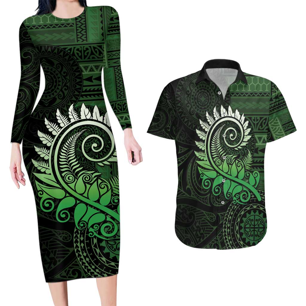 New Zealand Maori Koru Fern Couples Matching Long Sleeve Bodycon Dress and Hawaiian Shirt Spiral Polynesian Style Green LT05 Green - Polynesian Pride