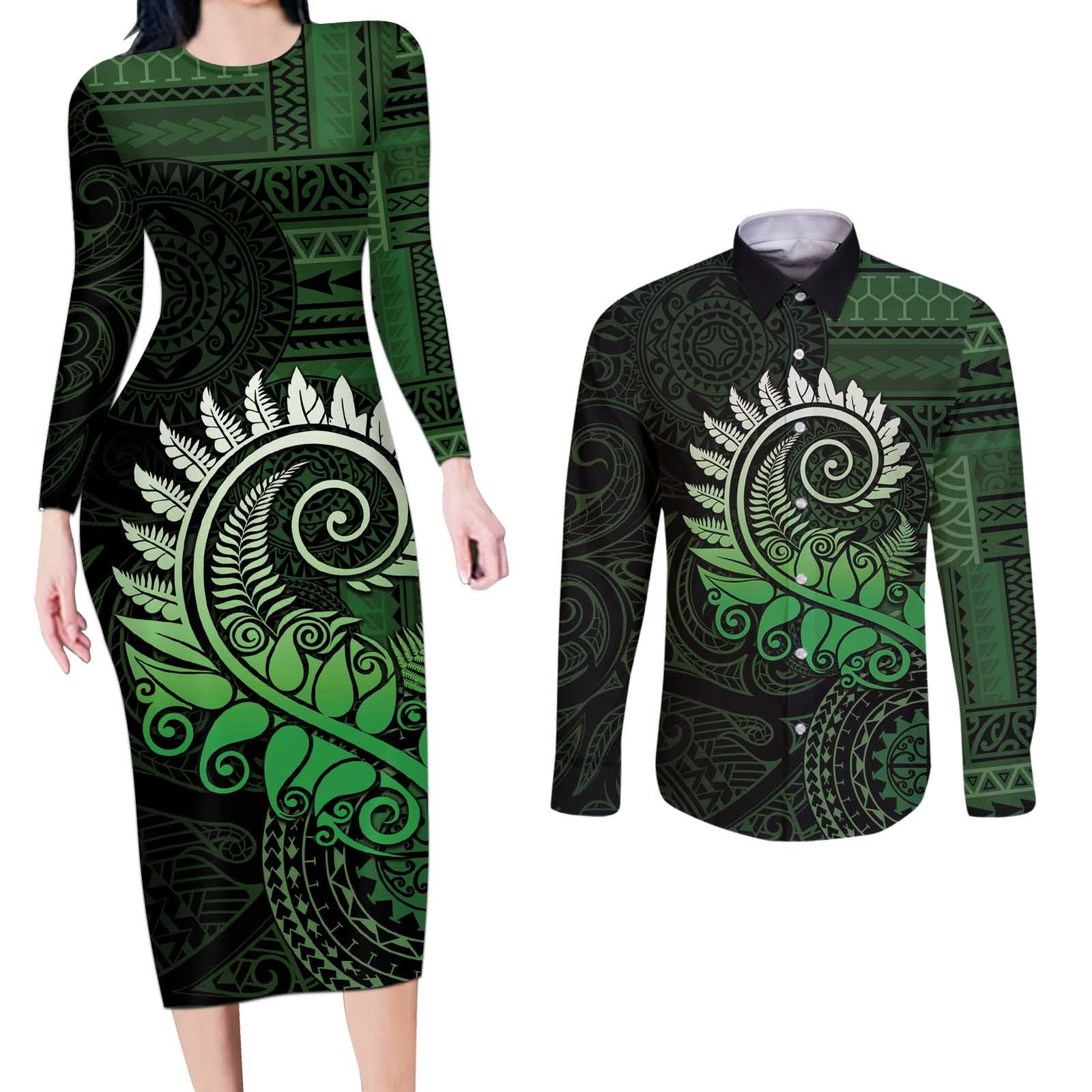 New Zealand Maori Koru Fern Couples Matching Long Sleeve Bodycon Dress and Long Sleeve Button Shirt Spiral Polynesian Style Green LT05 Green - Polynesian Pride