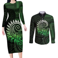 New Zealand Maori Koru Fern Couples Matching Long Sleeve Bodycon Dress and Long Sleeve Button Shirt Spiral Polynesian Style Green LT05 Green - Polynesian Pride