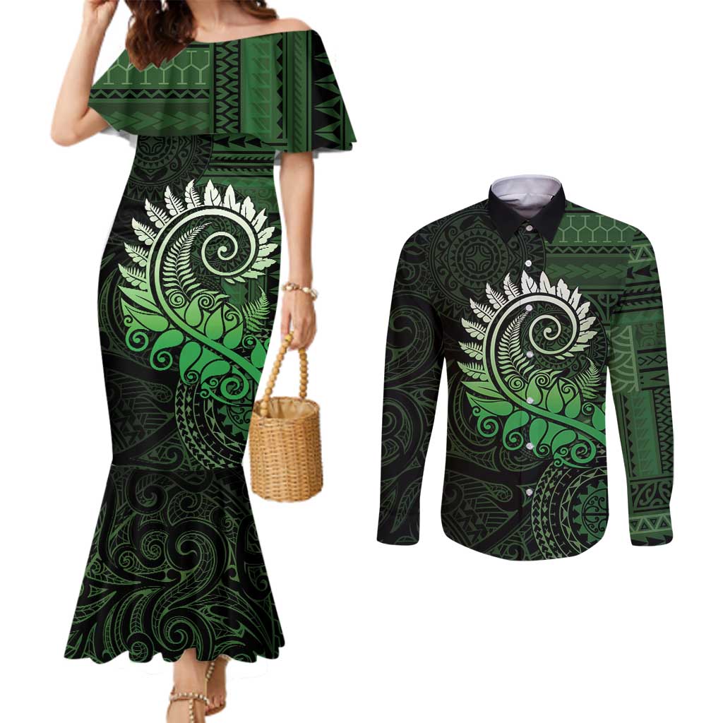 New Zealand Maori Koru Fern Couples Matching Mermaid Dress and Long Sleeve Button Shirt Spiral Polynesian Style Green LT05 Green - Polynesian Pride