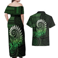 New Zealand Maori Koru Fern Couples Matching Off Shoulder Maxi Dress and Hawaiian Shirt Spiral Polynesian Style Green LT05 - Polynesian Pride