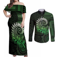New Zealand Maori Koru Fern Couples Matching Off Shoulder Maxi Dress and Long Sleeve Button Shirt Spiral Polynesian Style Green LT05 Green - Polynesian Pride