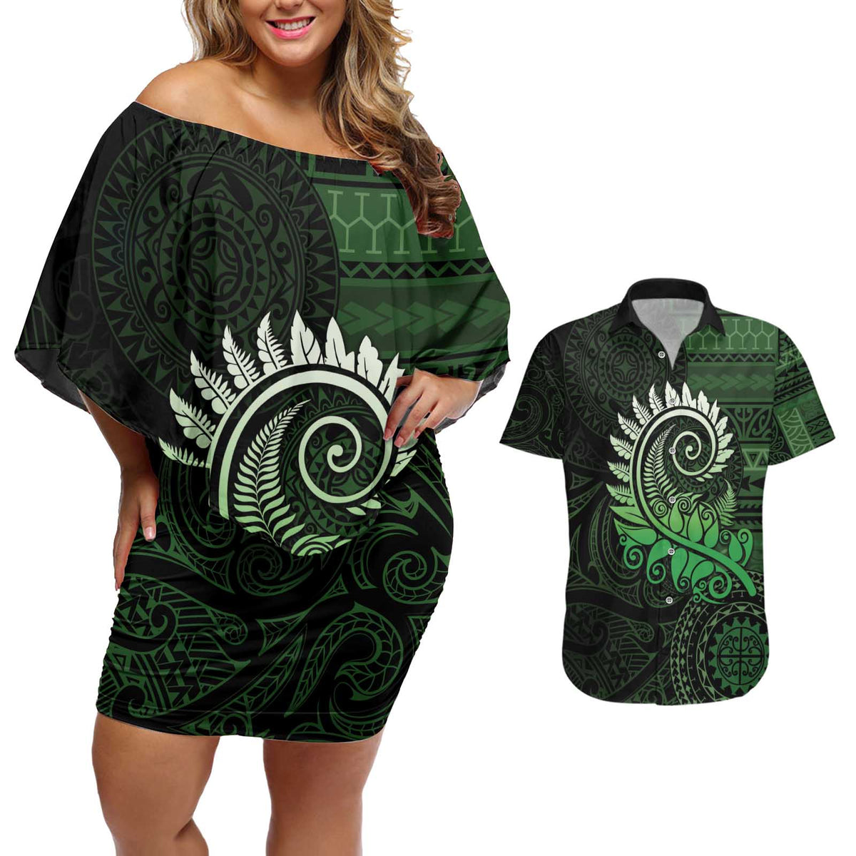 New Zealand Maori Koru Fern Couples Matching Off Shoulder Short Dress and Hawaiian Shirt Spiral Polynesian Style Green LT05 Green - Polynesian Pride