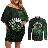 New Zealand Maori Koru Fern Couples Matching Off Shoulder Short Dress and Long Sleeve Button Shirt Spiral Polynesian Style Green LT05 Green - Polynesian Pride