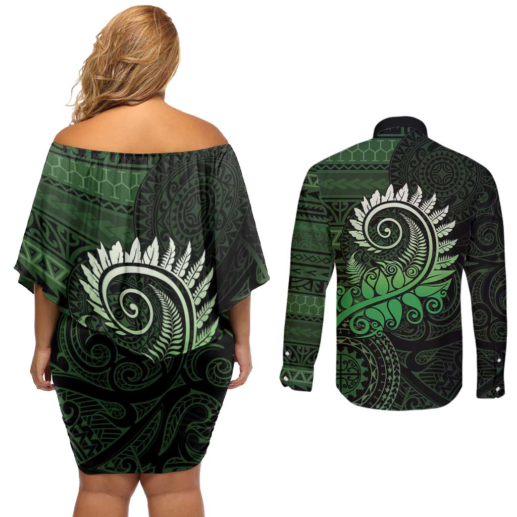New Zealand Maori Koru Fern Couples Matching Off Shoulder Short Dress and Long Sleeve Button Shirt Spiral Polynesian Style Green LT05 - Polynesian Pride