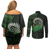 New Zealand Maori Koru Fern Couples Matching Off Shoulder Short Dress and Long Sleeve Button Shirt Spiral Polynesian Style Green LT05 - Polynesian Pride
