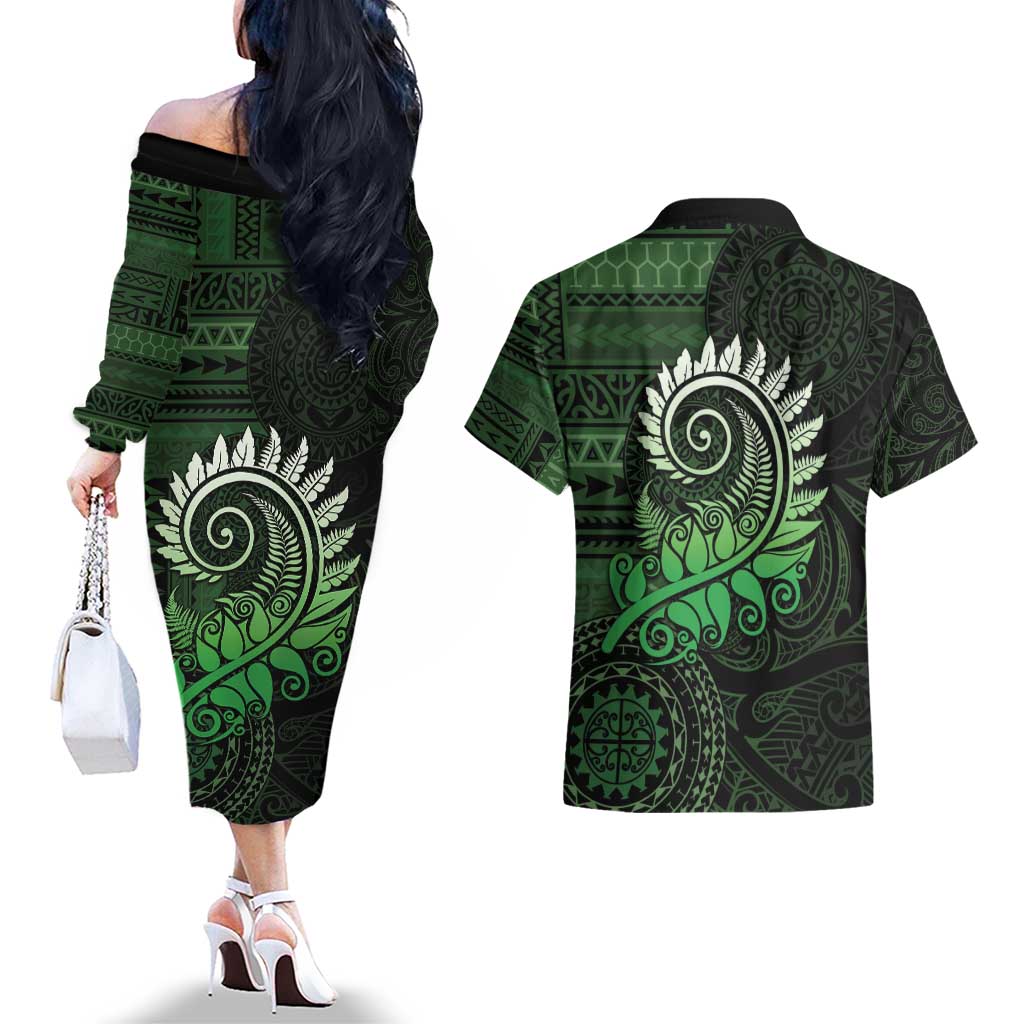 New Zealand Maori Koru Fern Couples Matching Off The Shoulder Long Sleeve Dress and Hawaiian Shirt Spiral Polynesian Style Green LT05 - Polynesian Pride