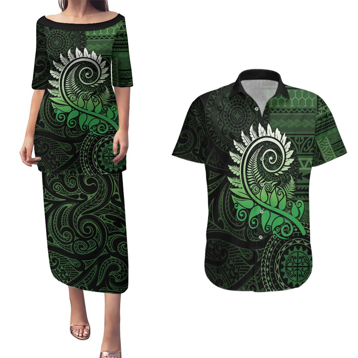 New Zealand Maori Koru Fern Couples Matching Puletasi and Hawaiian Shirt Spiral Polynesian Style Green LT05 Green - Polynesian Pride