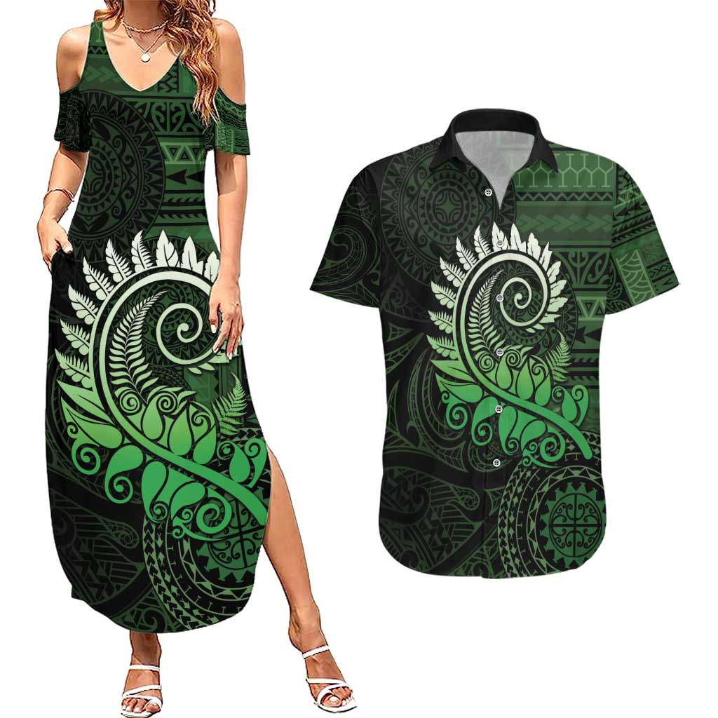 New Zealand Maori Koru Fern Couples Matching Summer Maxi Dress and Hawaiian Shirt Spiral Polynesian Style Green LT05 Green - Polynesian Pride