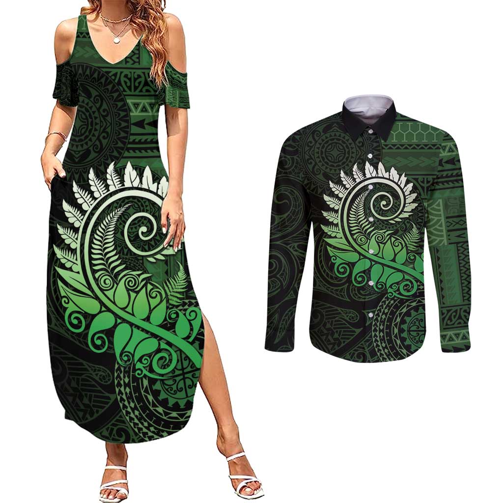 New Zealand Maori Koru Fern Couples Matching Summer Maxi Dress and Long Sleeve Button Shirt Spiral Polynesian Style Green LT05 Green - Polynesian Pride