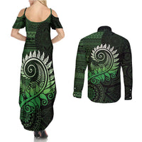 New Zealand Maori Koru Fern Couples Matching Summer Maxi Dress and Long Sleeve Button Shirt Spiral Polynesian Style Green LT05 - Polynesian Pride