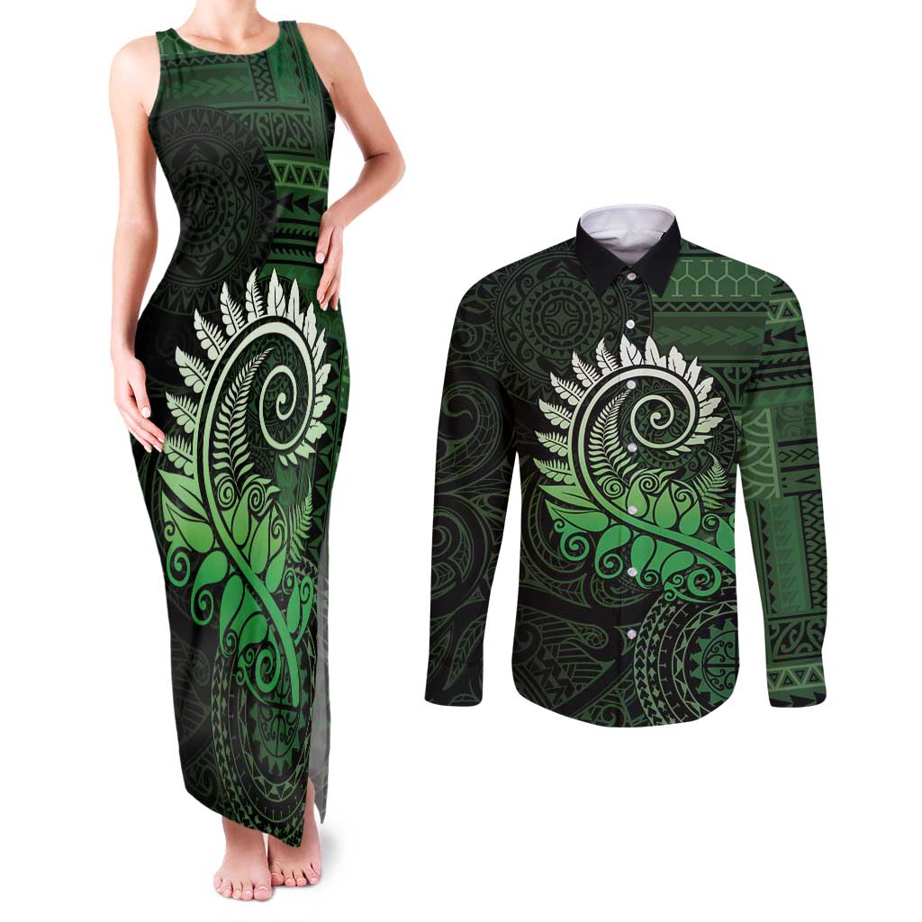 New Zealand Maori Koru Fern Couples Matching Tank Maxi Dress and Long Sleeve Button Shirt Spiral Polynesian Style Green LT05 Green - Polynesian Pride