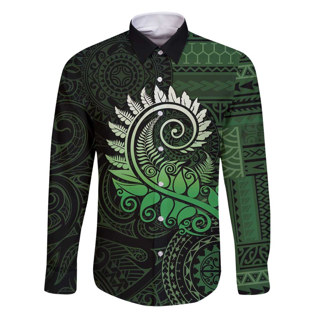New Zealand Maori Koru Fern Family Matching Long Sleeve Bodycon Dress and Hawaiian Shirt Spiral Polynesian Style Green LT05 Dad's Shirt - Long Sleeve Green - Polynesian Pride