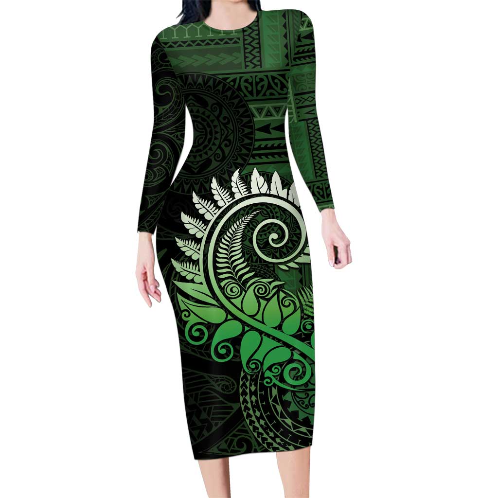 New Zealand Maori Koru Fern Family Matching Long Sleeve Bodycon Dress and Hawaiian Shirt Spiral Polynesian Style Green LT05 Mom's Dress Green - Polynesian Pride