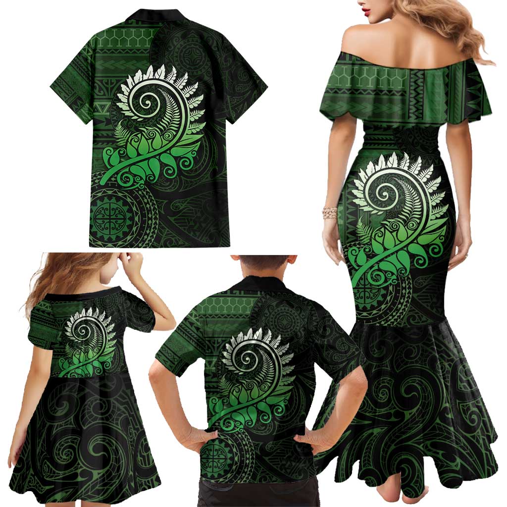 New Zealand Maori Koru Fern Family Matching Mermaid Dress and Hawaiian Shirt Spiral Polynesian Style Green LT05 - Polynesian Pride