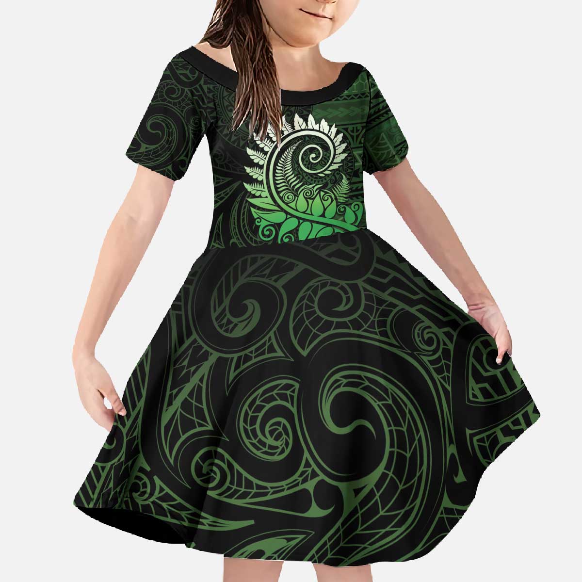 New Zealand Maori Koru Fern Family Matching Off The Shoulder Long Sleeve Dress and Hawaiian Shirt Spiral Polynesian Style Green LT05 Daughter's Dress Green - Polynesian Pride