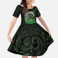 New Zealand Maori Koru Fern Family Matching Off The Shoulder Long Sleeve Dress and Hawaiian Shirt Spiral Polynesian Style Green LT05 Daughter's Dress Green - Polynesian Pride