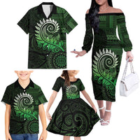New Zealand Maori Koru Fern Family Matching Off The Shoulder Long Sleeve Dress and Hawaiian Shirt Spiral Polynesian Style Green LT05 - Polynesian Pride