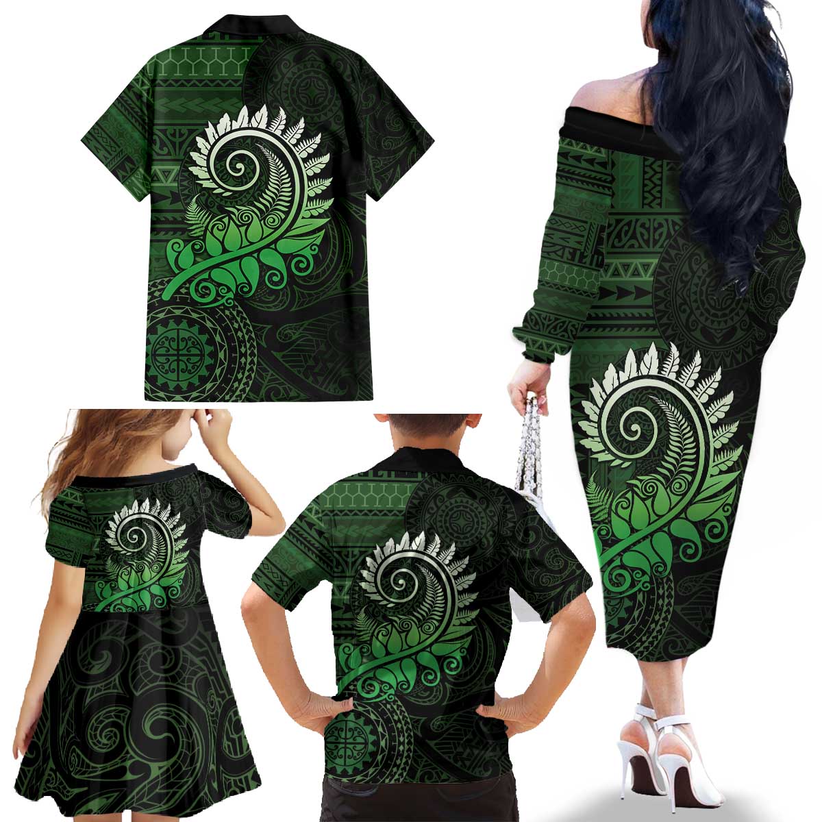 New Zealand Maori Koru Fern Family Matching Off The Shoulder Long Sleeve Dress and Hawaiian Shirt Spiral Polynesian Style Green LT05 - Polynesian Pride
