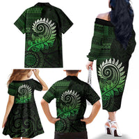 New Zealand Maori Koru Fern Family Matching Off The Shoulder Long Sleeve Dress and Hawaiian Shirt Spiral Polynesian Style Green LT05 - Polynesian Pride