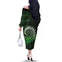 New Zealand Maori Koru Fern Family Matching Off The Shoulder Long Sleeve Dress and Hawaiian Shirt Spiral Polynesian Style Green LT05 - Polynesian Pride