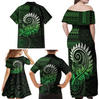 New Zealand Maori Koru Fern Family Matching Off Shoulder Maxi Dress and Hawaiian Shirt Spiral Polynesian Style Green LT05 - Polynesian Pride