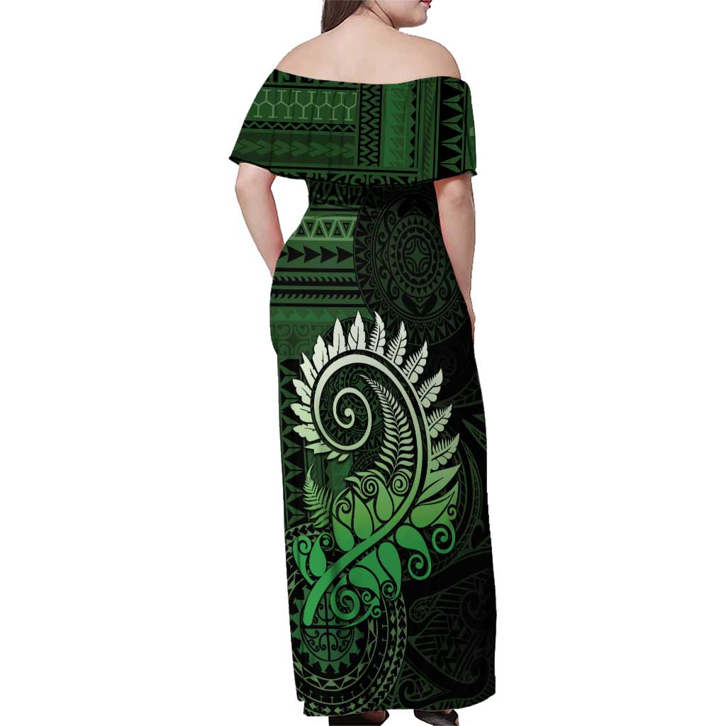 New Zealand Maori Koru Fern Family Matching Off Shoulder Maxi Dress and Hawaiian Shirt Spiral Polynesian Style Green LT05 - Polynesian Pride